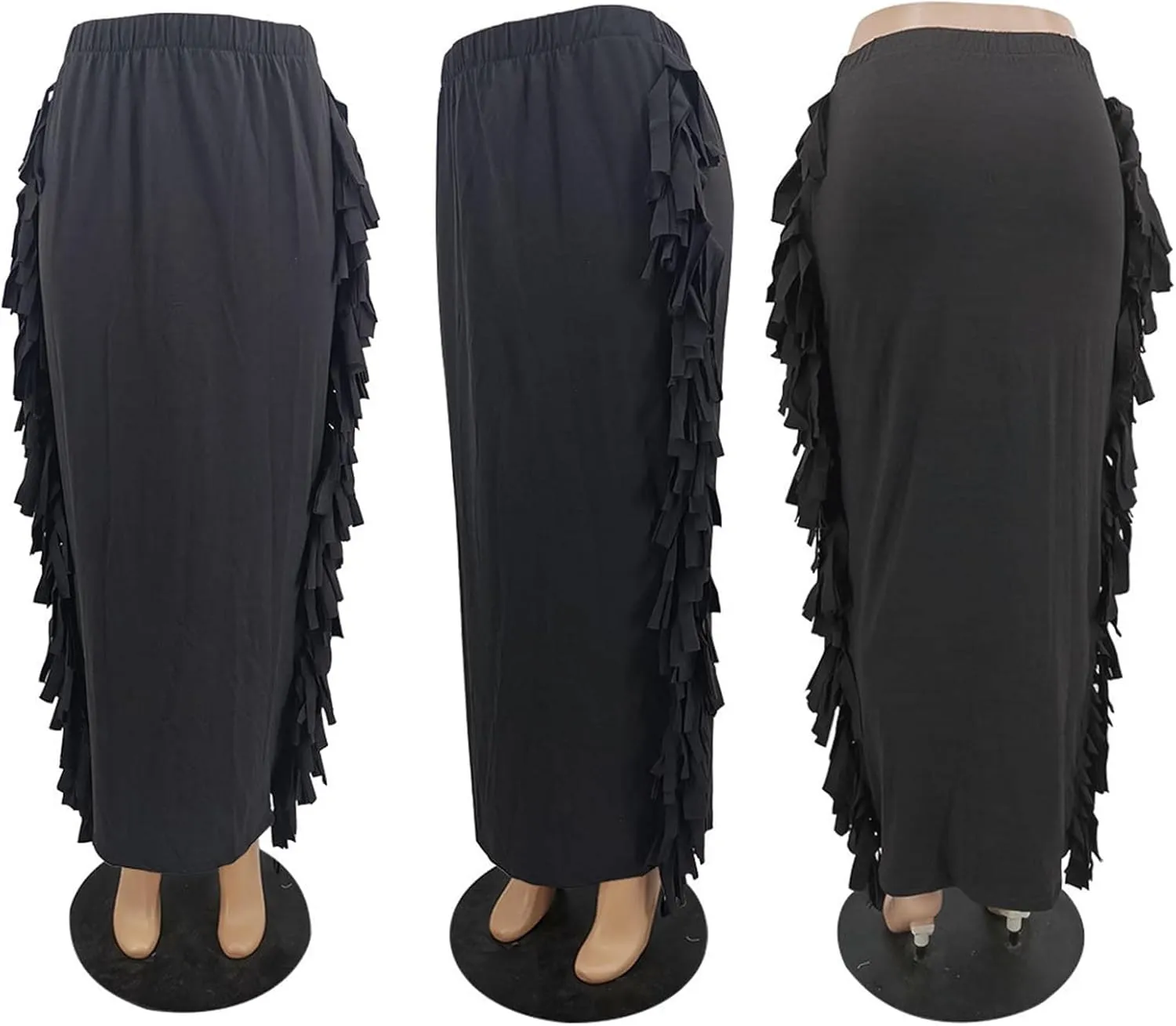 Sexyshine Women's Elastic High Waist Bodycon Side Tassels Maxi Skirts Fringed Long Pencil Skirt Club Party Dresses