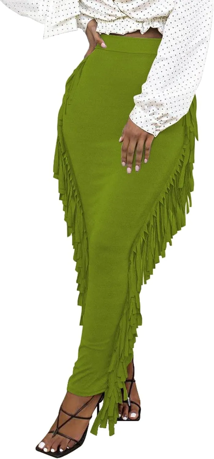 Sexyshine Women's Elastic High Waist Bodycon Side Tassels Maxi Skirts Fringed Long Pencil Skirt Club Party Dresses
