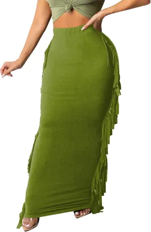 Sexyshine Women's Elastic High Waist Bodycon Side Tassels Maxi Skirts Fringed Long Pencil Skirt Club Party Dresses