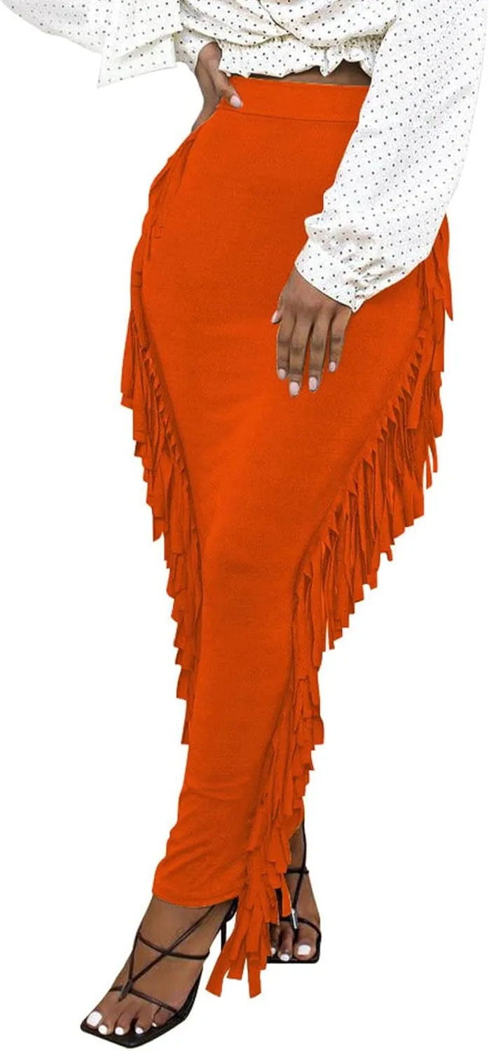 Sexyshine Women's Elastic High Waist Bodycon Side Tassels Maxi Skirts Fringed Long Pencil Skirt Club Party Dresses