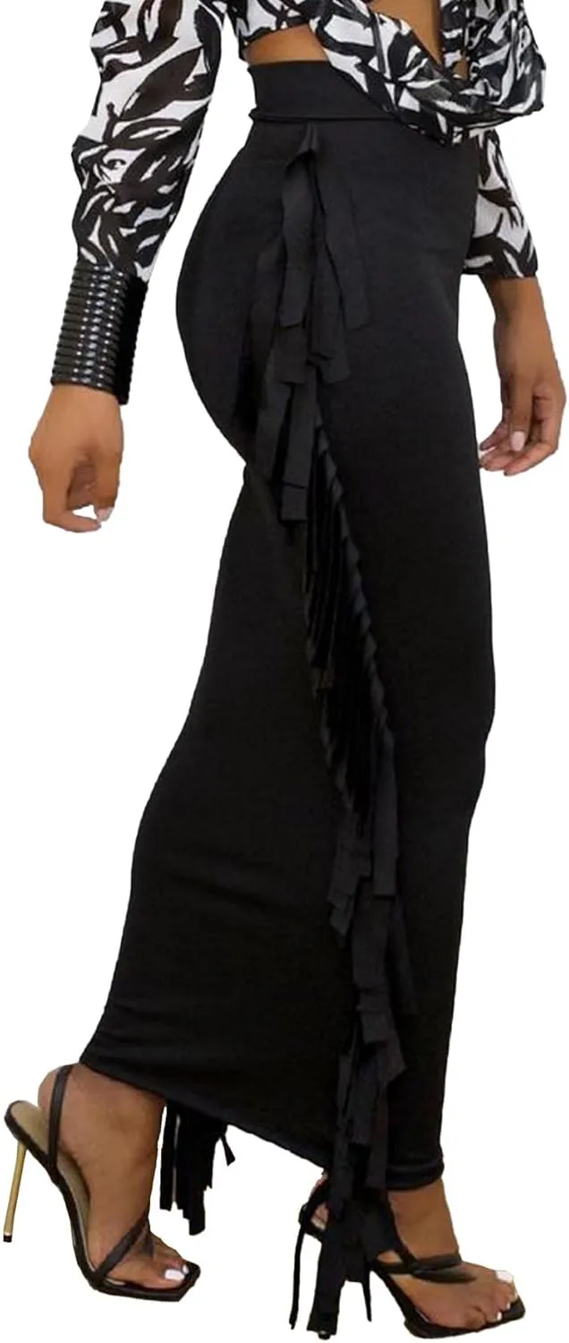 Sexyshine Women's Elastic High Waist Bodycon Side Tassels Maxi Skirts Fringed Long Pencil Skirt Club Party Dresses