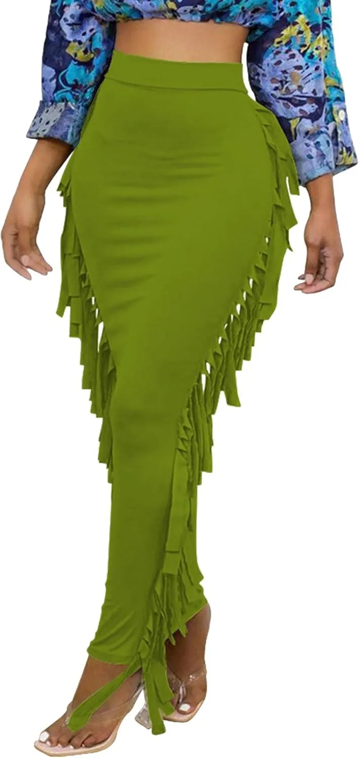 Sexyshine Women's Elastic High Waist Bodycon Side Tassels Maxi Skirts Fringed Long Pencil Skirt Club Party Dresses