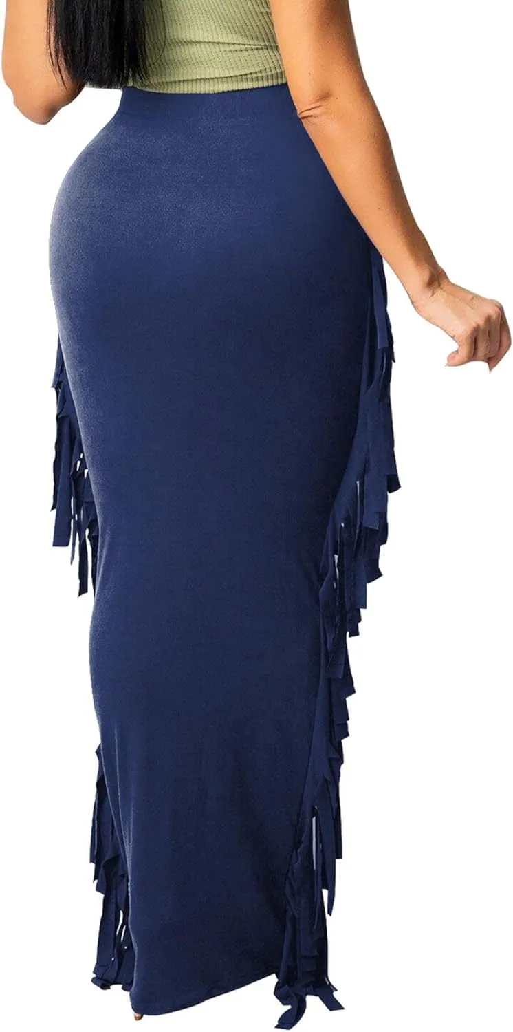 Sexyshine Women's Elastic High Waist Bodycon Side Tassels Maxi Skirts Fringed Long Pencil Skirt Club Party Dresses