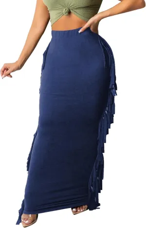 Sexyshine Women's Elastic High Waist Bodycon Side Tassels Maxi Skirts Fringed Long Pencil Skirt Club Party Dresses