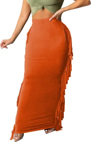 Sexyshine Women's Elastic High Waist Bodycon Side Tassels Maxi Skirts Fringed Long Pencil Skirt Club Party Dresses