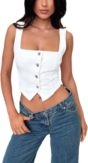 Seyurigaoka Womens Denim Vest Sleeveless Square Neck Button Down Jean Crop Top Smocked Backless Fitted Denim Corset Top