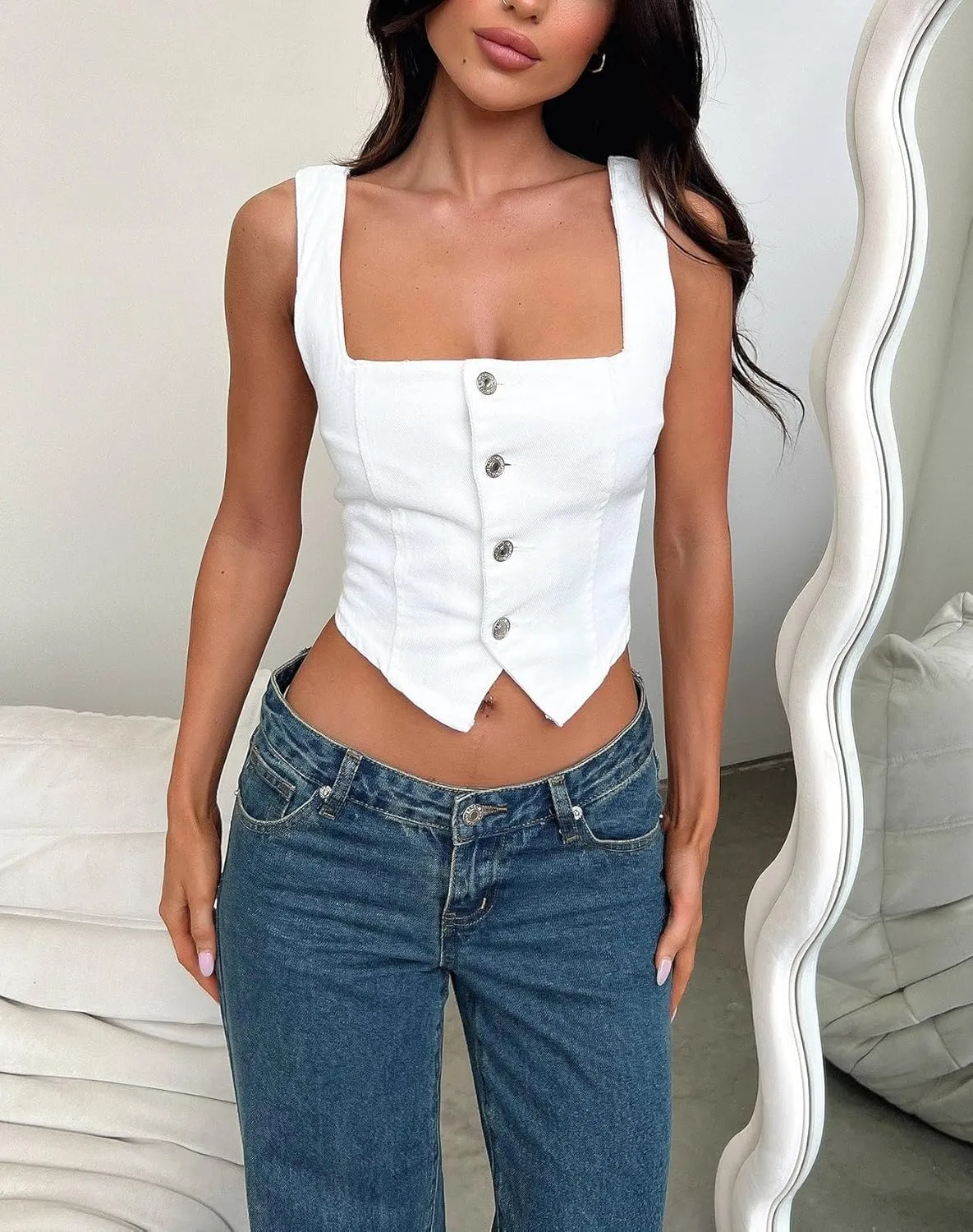 Seyurigaoka Womens Denim Vest Sleeveless Square Neck Button Down Jean Crop Top Smocked Backless Fitted Denim Corset Top