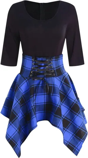 Skater Dresses for Women,Summer Casual Lace-up Gingham Tank Dress High Waist Pleated Dress for School Girl