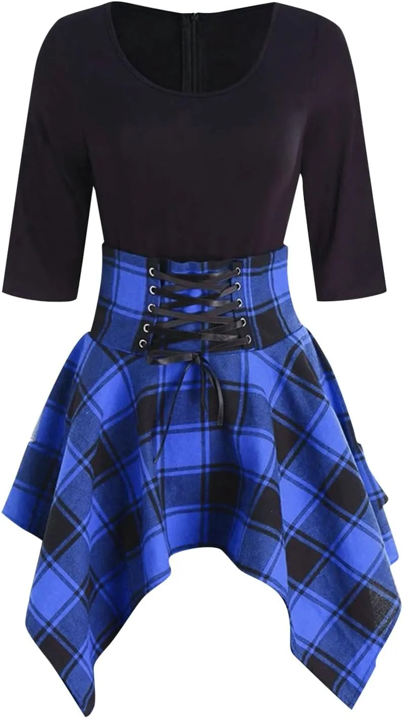 Skater Dresses for Women,Summer Casual Lace-up Gingham Tank Dress High Waist Pleated Dress for School Girl