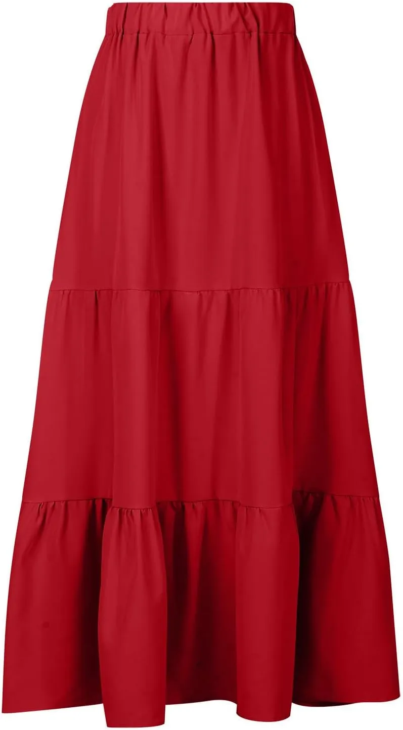 Skirts for Women Summer Beach Pleated Long Skirt Lightweight Elastic Waisted Maxi Skort Boho A Line Skorts with Pocket