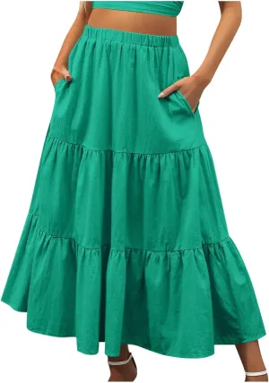 Skirts for Women Summer Beach Pleated Long Skirt Lightweight Elastic Waisted Maxi Skort Boho A Line Skorts with Pocket