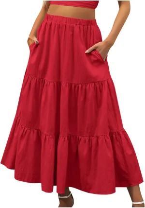 Skirts for Women Summer Beach Pleated Long Skirt Lightweight Elastic Waisted Maxi Skort Boho A Line Skorts with Pocket