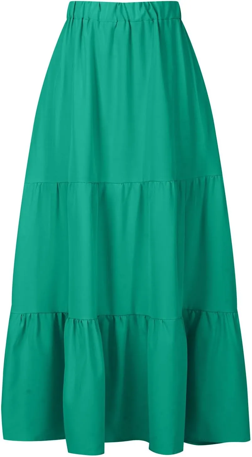 Skirts for Women Summer Beach Pleated Long Skirt Lightweight Elastic Waisted Maxi Skort Boho A Line Skorts with Pocket