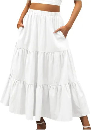 Skirts for Women Summer Beach Pleated Long Skirt Lightweight Elastic Waisted Maxi Skort Boho A Line Skorts with Pocket