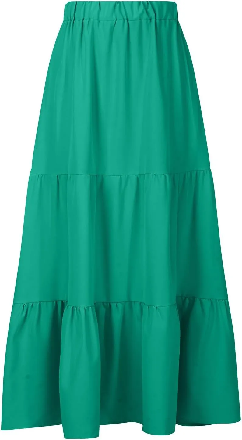 Skirts for Women Summer Beach Pleated Long Skirt Lightweight Elastic Waisted Maxi Skort Boho A Line Skorts with Pocket