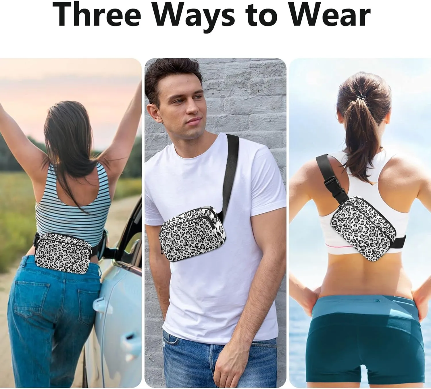 Sliver Snow Leopard Fanny Pack for Women Men Belt Bag Crossbody Waist Pouch Waterproof Everywhere Purse Fashion Sling Bag for Running Hiking Workout Walking