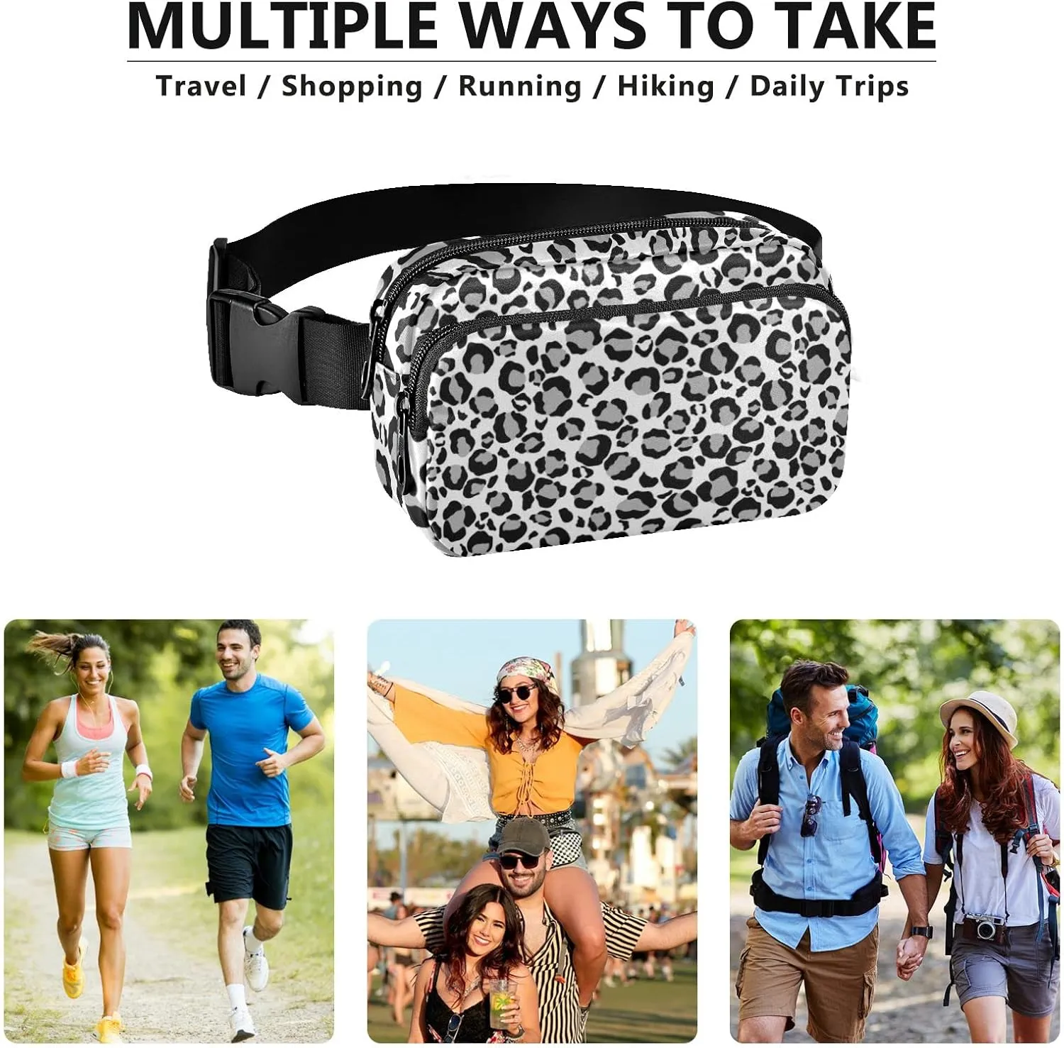 Sliver Snow Leopard Fanny Pack for Women Men Belt Bag Crossbody Waist Pouch Waterproof Everywhere Purse Fashion Sling Bag for Running Hiking Workout Walking