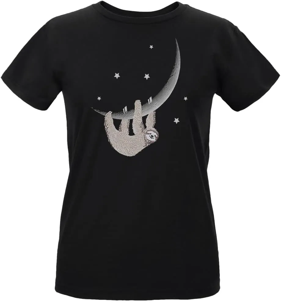 Sloth Hanging from The Moon Crescent Womens Organic T Shirt Black X-Large