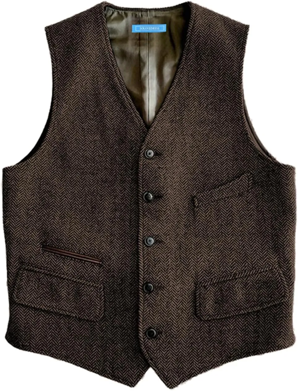 SOLOVEDRESS Mens Vintage Classic Herringbone Pattern Suit Vest V Neck Casual Wool Blend Waistcoat for Men