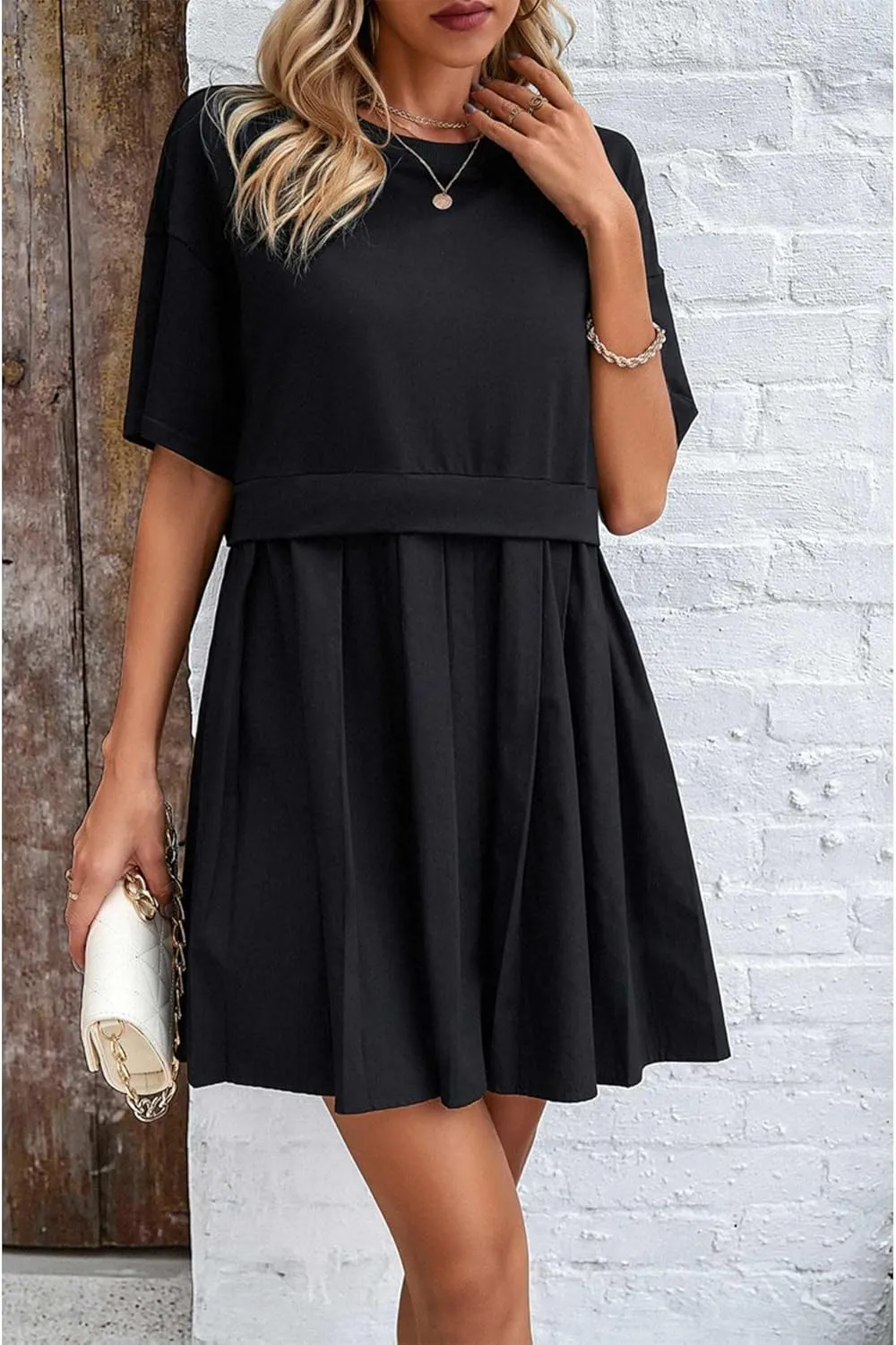 SOMTHRON Women's Oversized Sweatshirt Dress Patchwork Crewneck Short Sleeve Pullover Tops Flowy Pleated Sweatshirt Mini Dress