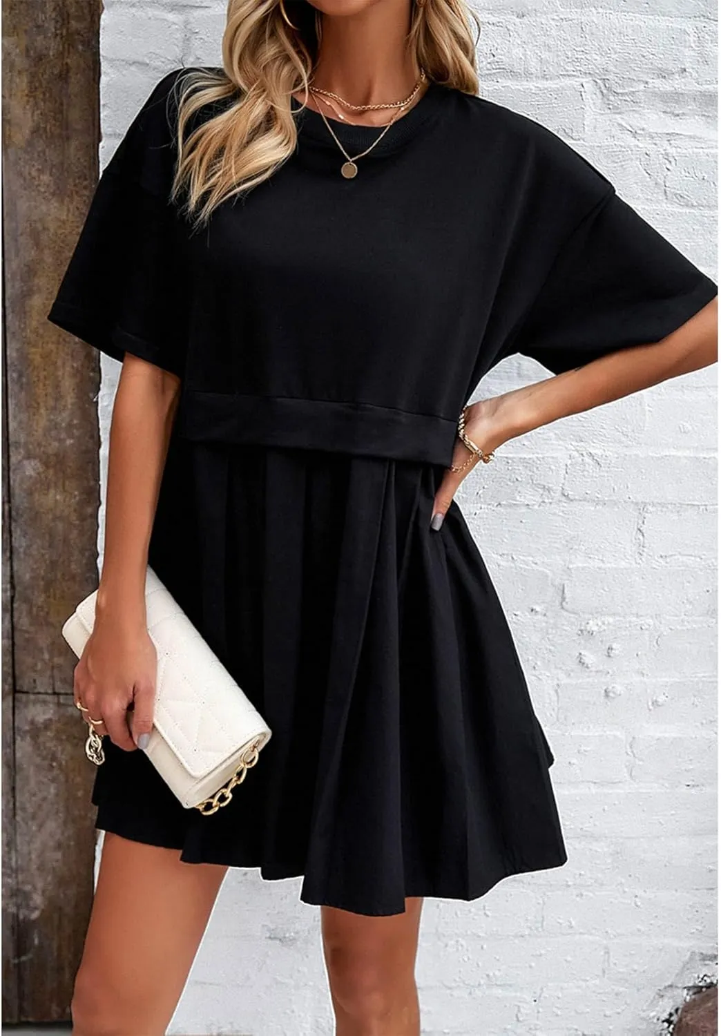 SOMTHRON Women's Oversized Sweatshirt Dress Patchwork Crewneck Short Sleeve Pullover Tops Flowy Pleated Sweatshirt Mini Dress