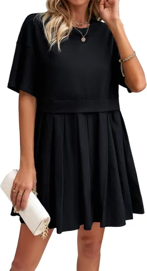 SOMTHRON Women's Oversized Sweatshirt Dress Patchwork Crewneck Short Sleeve Pullover Tops Flowy Pleated Sweatshirt Mini Dress