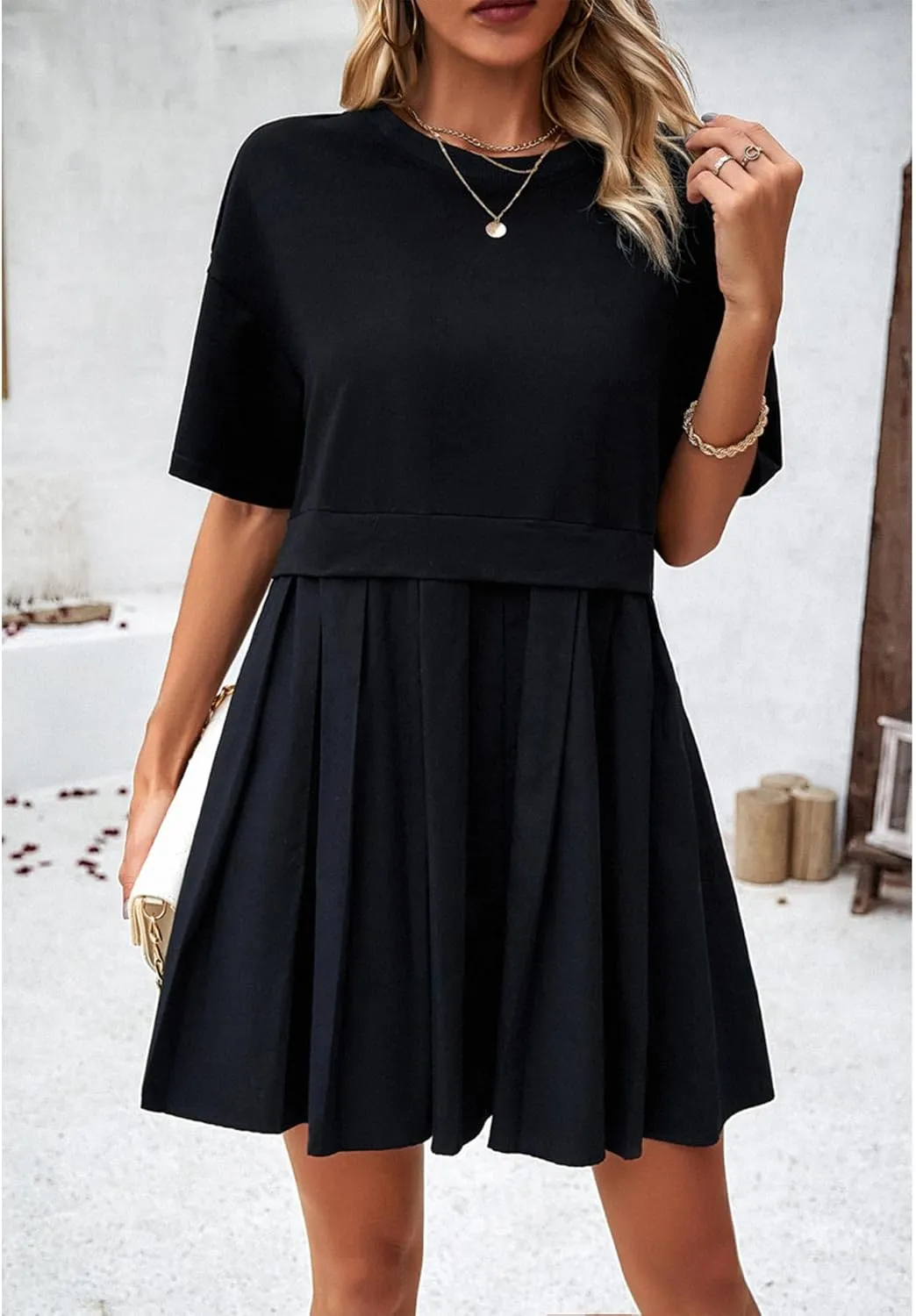 SOMTHRON Women's Oversized Sweatshirt Dress Patchwork Crewneck Short Sleeve Pullover Tops Flowy Pleated Sweatshirt Mini Dress