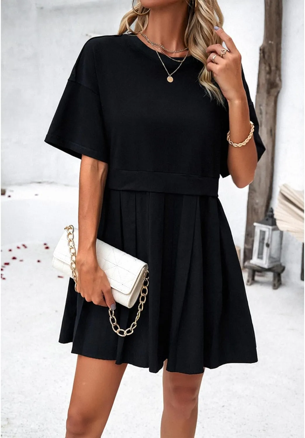 SOMTHRON Women's Oversized Sweatshirt Dress Patchwork Crewneck Short Sleeve Pullover Tops Flowy Pleated Sweatshirt Mini Dress