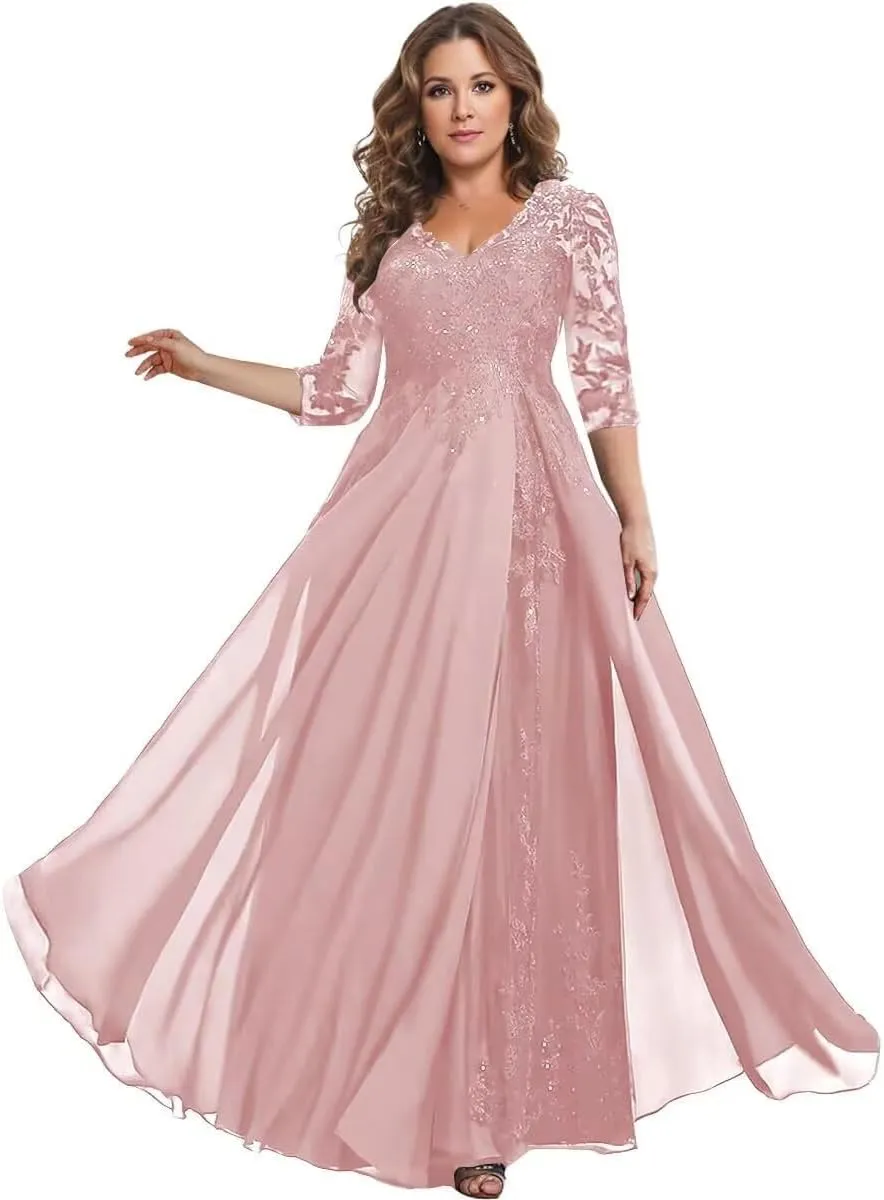 Sparkly Beading Lace Mother of The Bride Dress 3/4 Sleeve V Neck Formal Evening Gown HC006