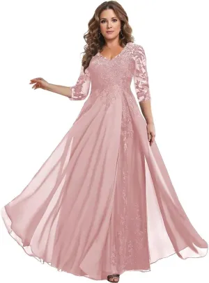 Sparkly Beading Lace Mother of The Bride Dress 3/4 Sleeve V Neck Formal Evening Gown HC006