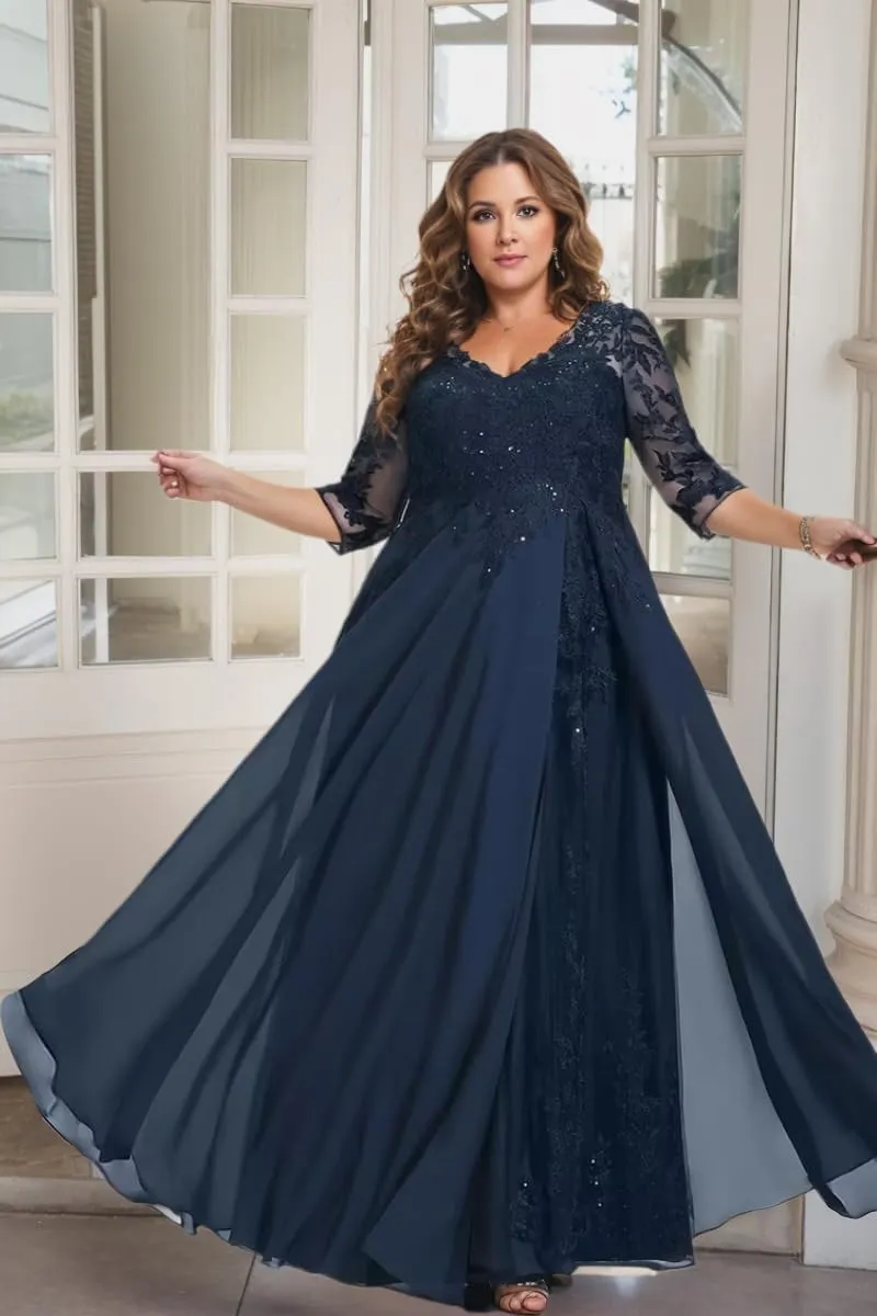 Sparkly Beading Lace Mother of The Bride Dress 3/4 Sleeve V Neck Formal Evening Gown HC006