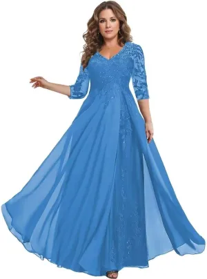 Sparkly Beading Lace Mother of The Bride Dress 3/4 Sleeve V Neck Formal Evening Gown HC006