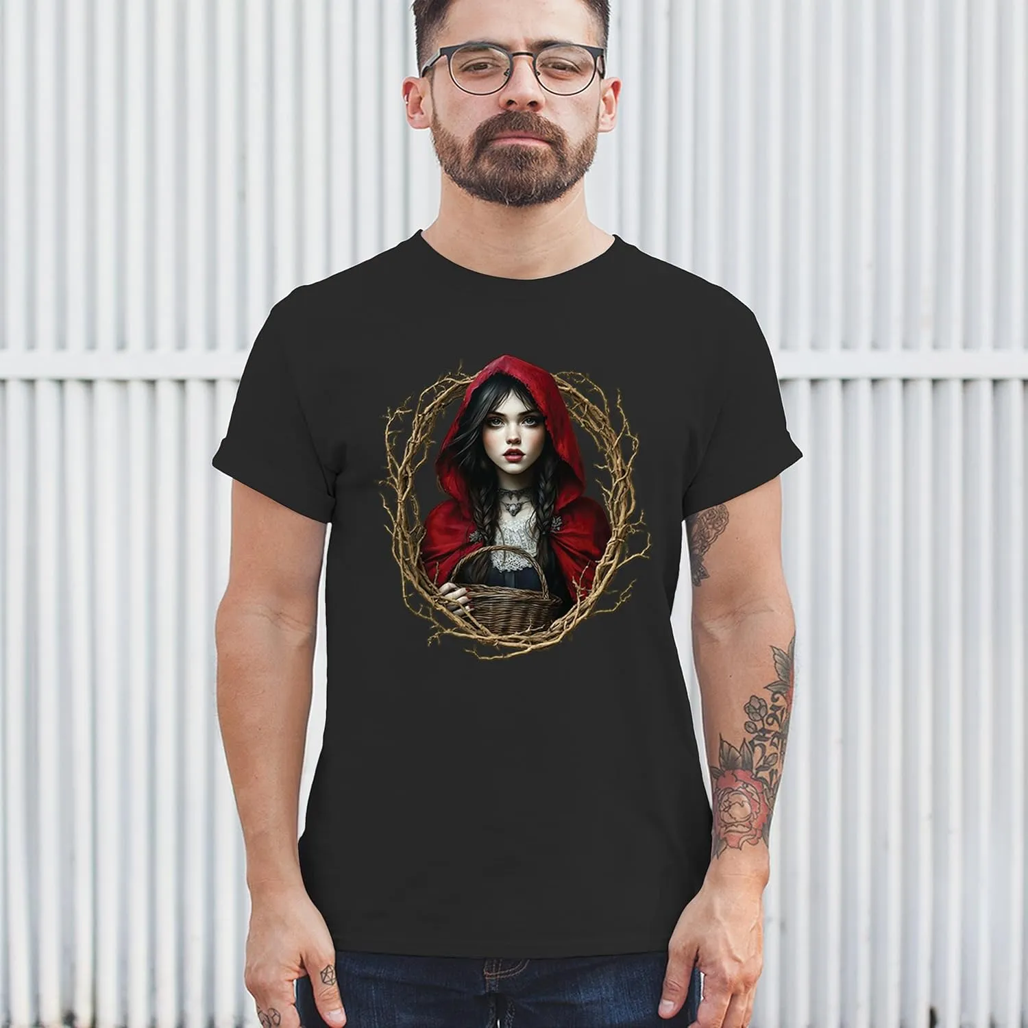 Storybook Red Riding Hood Men's T-Shirt Gothic Fairytale Cute Little Girl Forest Fantasy Witchy Cloak Cartoon Men's Tee