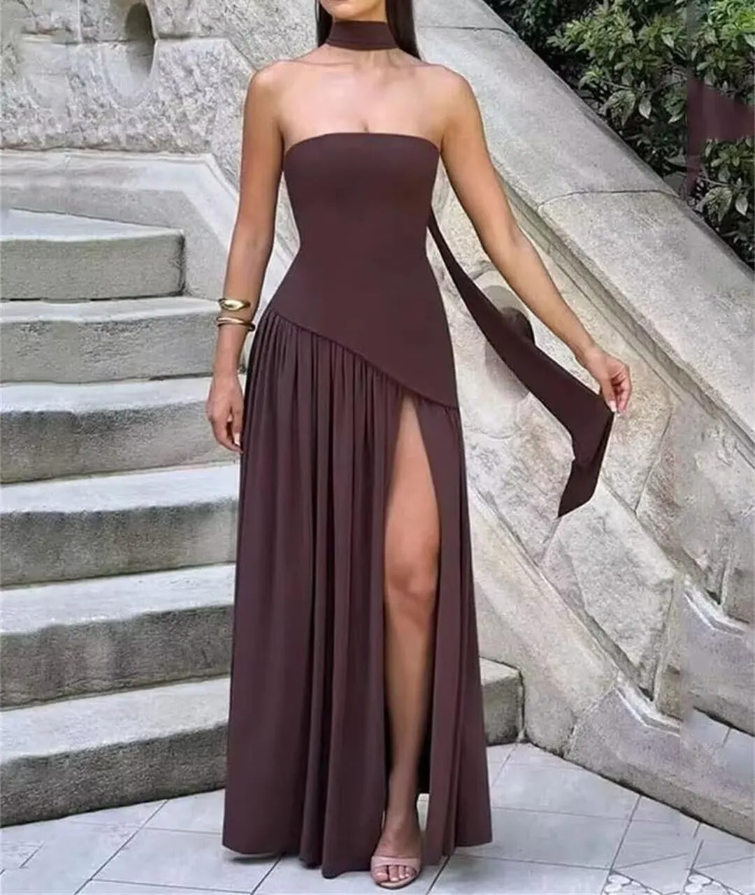 Strapless Bridesmaid Dresses Long with Scarf 2025 Satin Pleated Prom Dress VS190