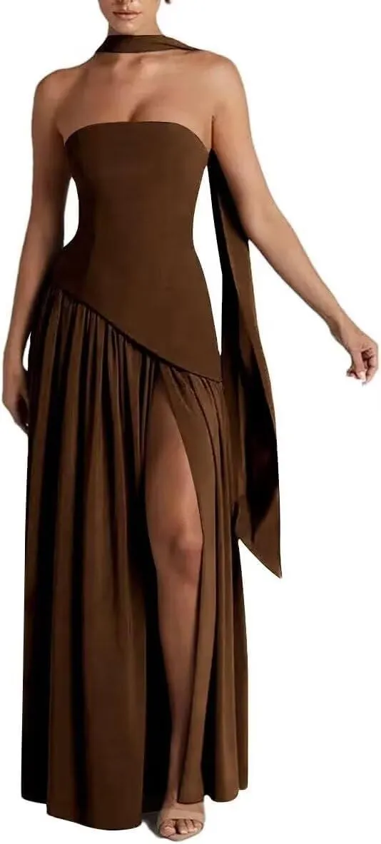 Strapless Bridesmaid Dresses Long with Scarf 2025 Satin Pleated Prom Dress VS190