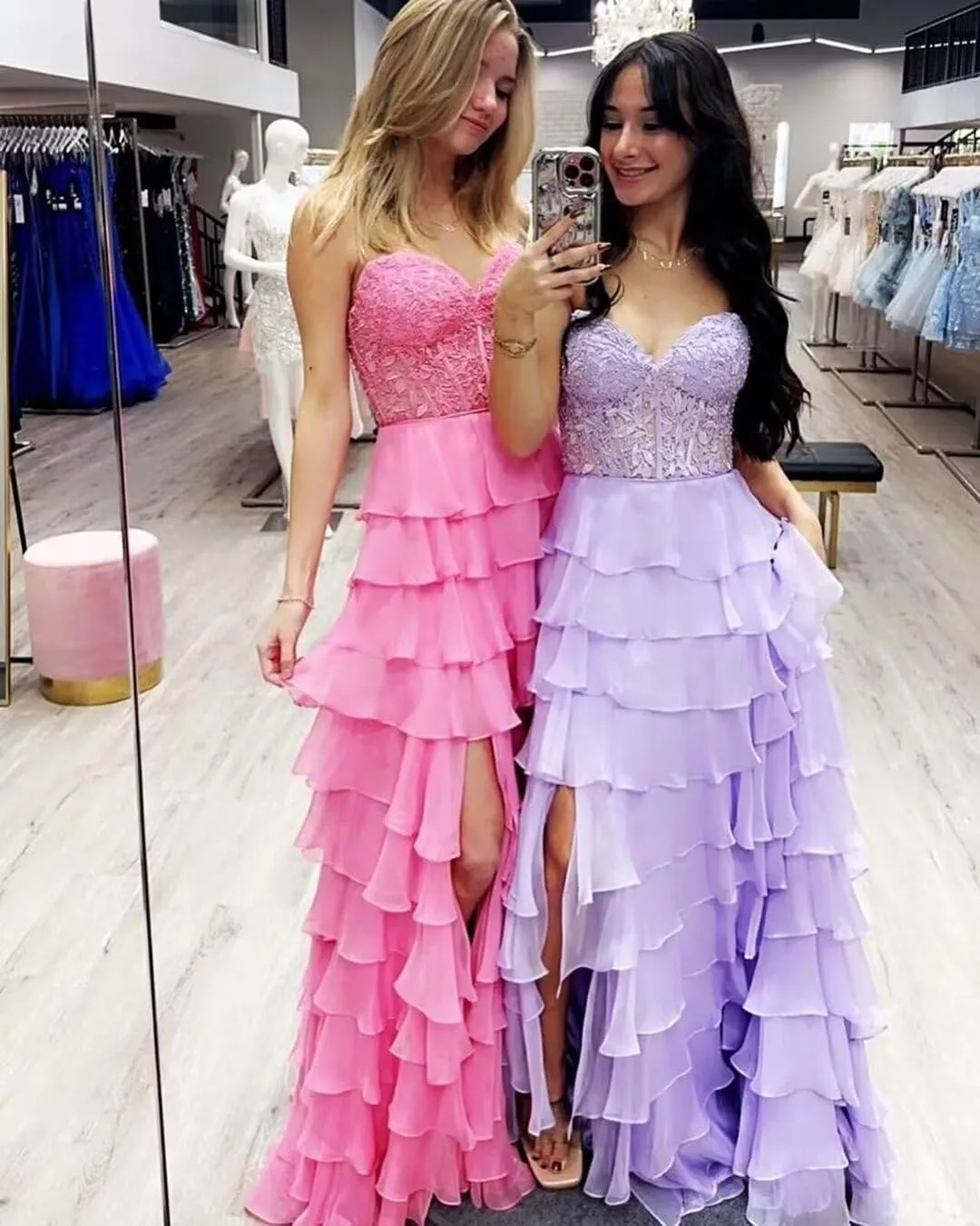 Strapless Corset Prom Dresses for Women Ruffle Chiffon Long Formal Evening Dress with Slit