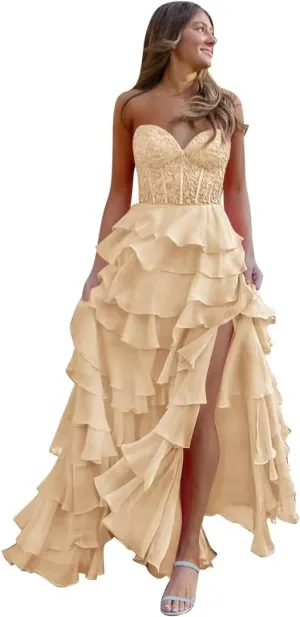 Strapless Corset Prom Dresses for Women Ruffle Chiffon Long Formal Evening Dress with Slit