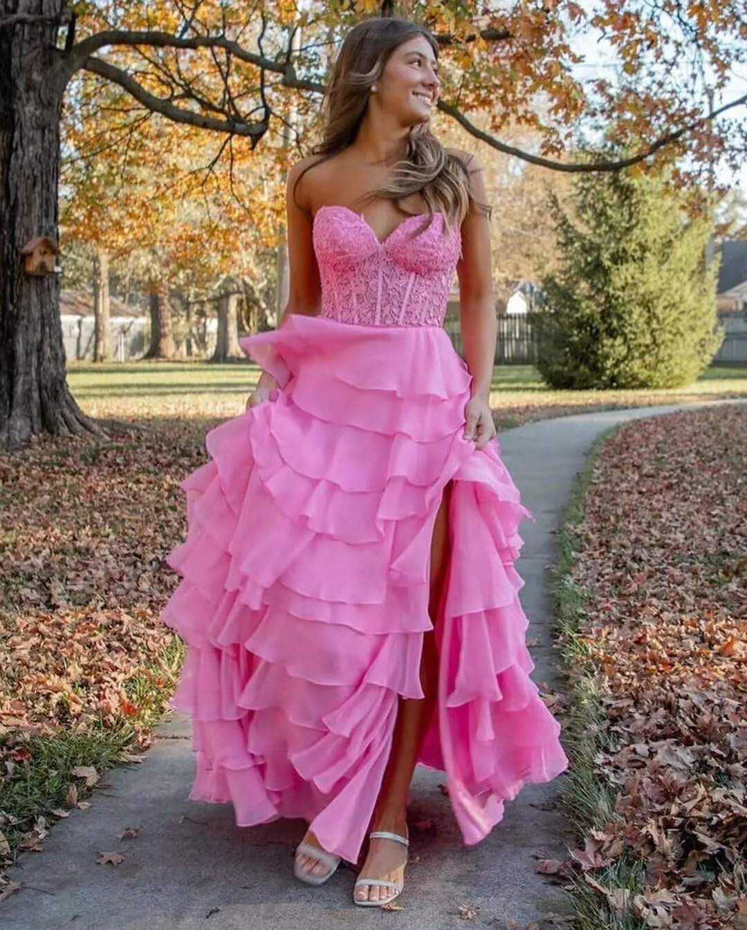 Strapless Corset Prom Dresses for Women Ruffle Chiffon Long Formal Evening Dress with Slit
