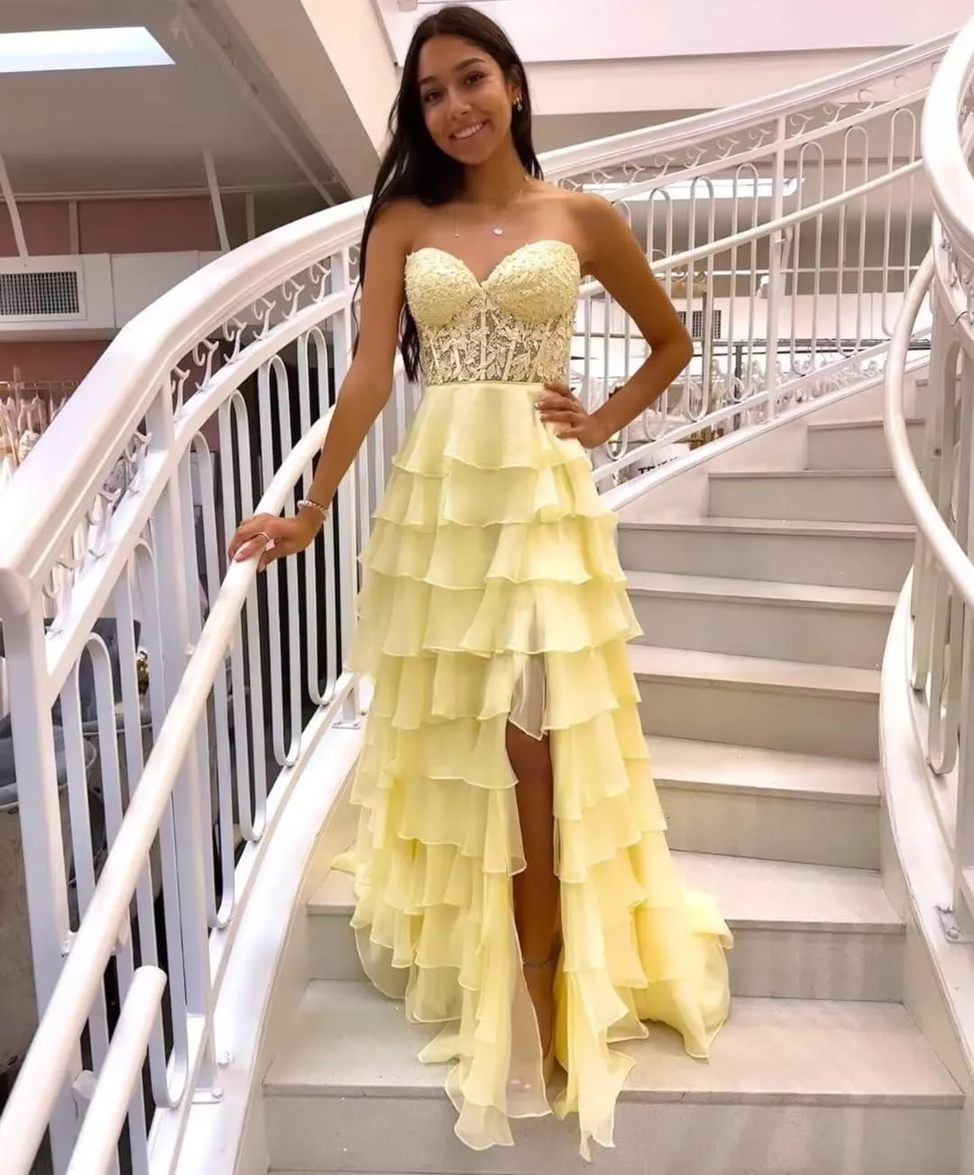 Strapless Corset Prom Dresses for Women Ruffle Chiffon Long Formal Evening Dress with Slit