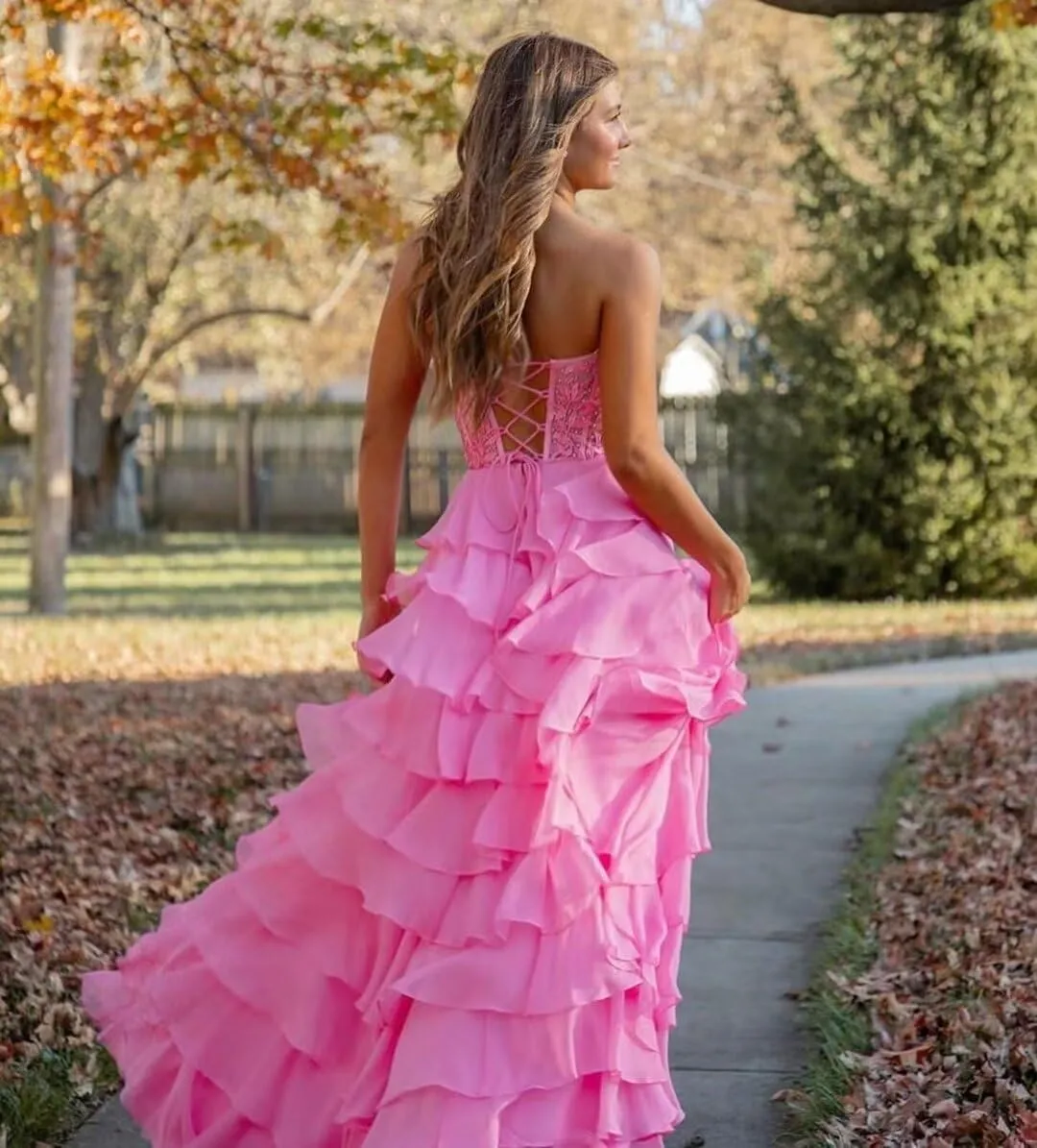 Strapless Corset Prom Dresses for Women Ruffle Chiffon Long Formal Evening Dress with Slit