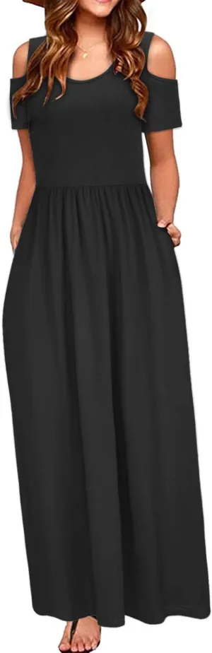 STYLEWORD Women's 2025 Summer Maxi Long Dresses Cold Shoulder Sundress with Pocket