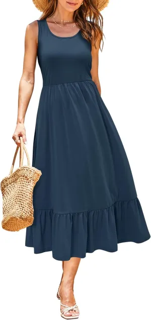 STYLEWORD Women's Casual Summer Sleeveless Crewneck Midi Sundress Flowy Beach Maxi Dresses with Pockets(Navy,Medium)