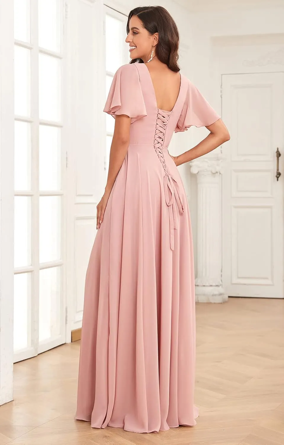 Sukleet Women's Flutter Sleeve Bridesmaid Dresses for Wedding V Neck Formal Dresses with Slit