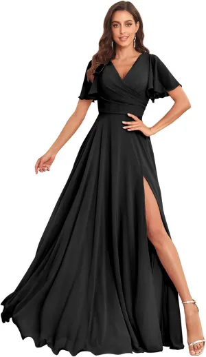 Sukleet Women's Flutter Sleeve Bridesmaid Dresses for Wedding V Neck Formal Dresses with Slit