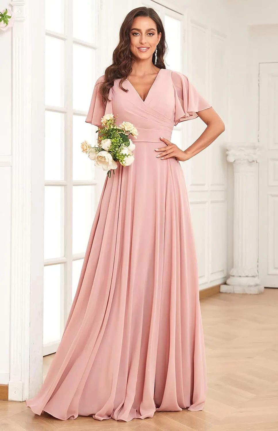 Sukleet Women's Flutter Sleeve Bridesmaid Dresses for Wedding V Neck Formal Dresses with Slit