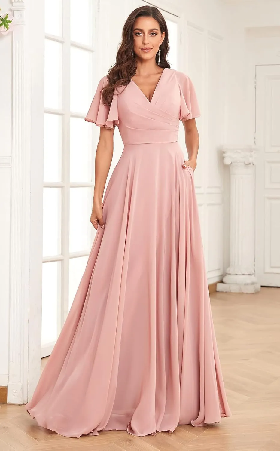 Sukleet Women's Flutter Sleeve Bridesmaid Dresses for Wedding V Neck Formal Dresses with Slit