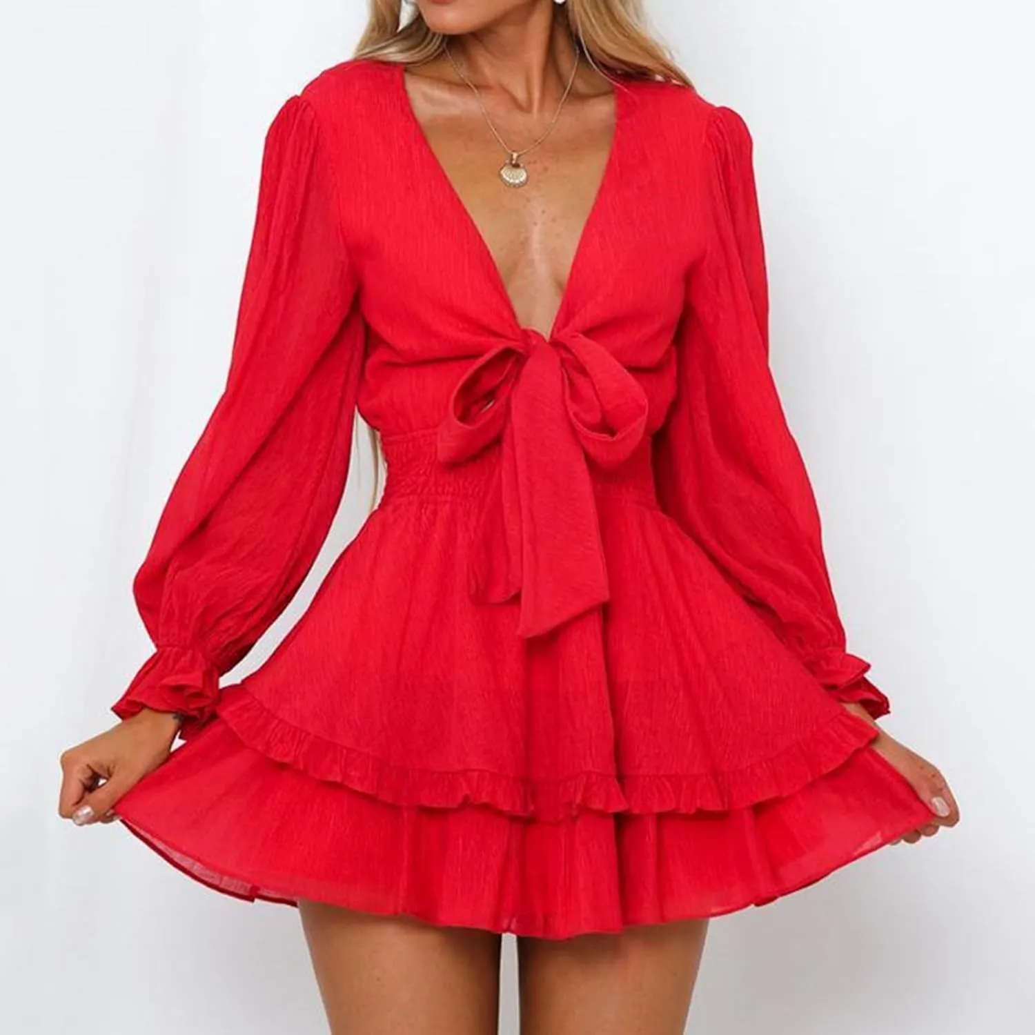Summer Dress Womens Spring Summer Knot Front V Neck Ruffles Long Sleeve Floral Print Swing Mini Dress