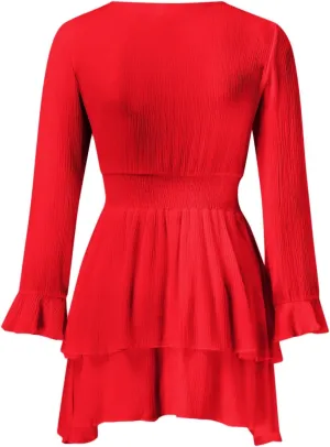 Summer Dress Womens Spring Summer Knot Front V Neck Ruffles Long Sleeve Floral Print Swing Mini Dress