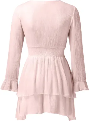 Summer Dress Womens Spring Summer Knot Front V Neck Ruffles Long Sleeve Floral Print Swing Mini Dress