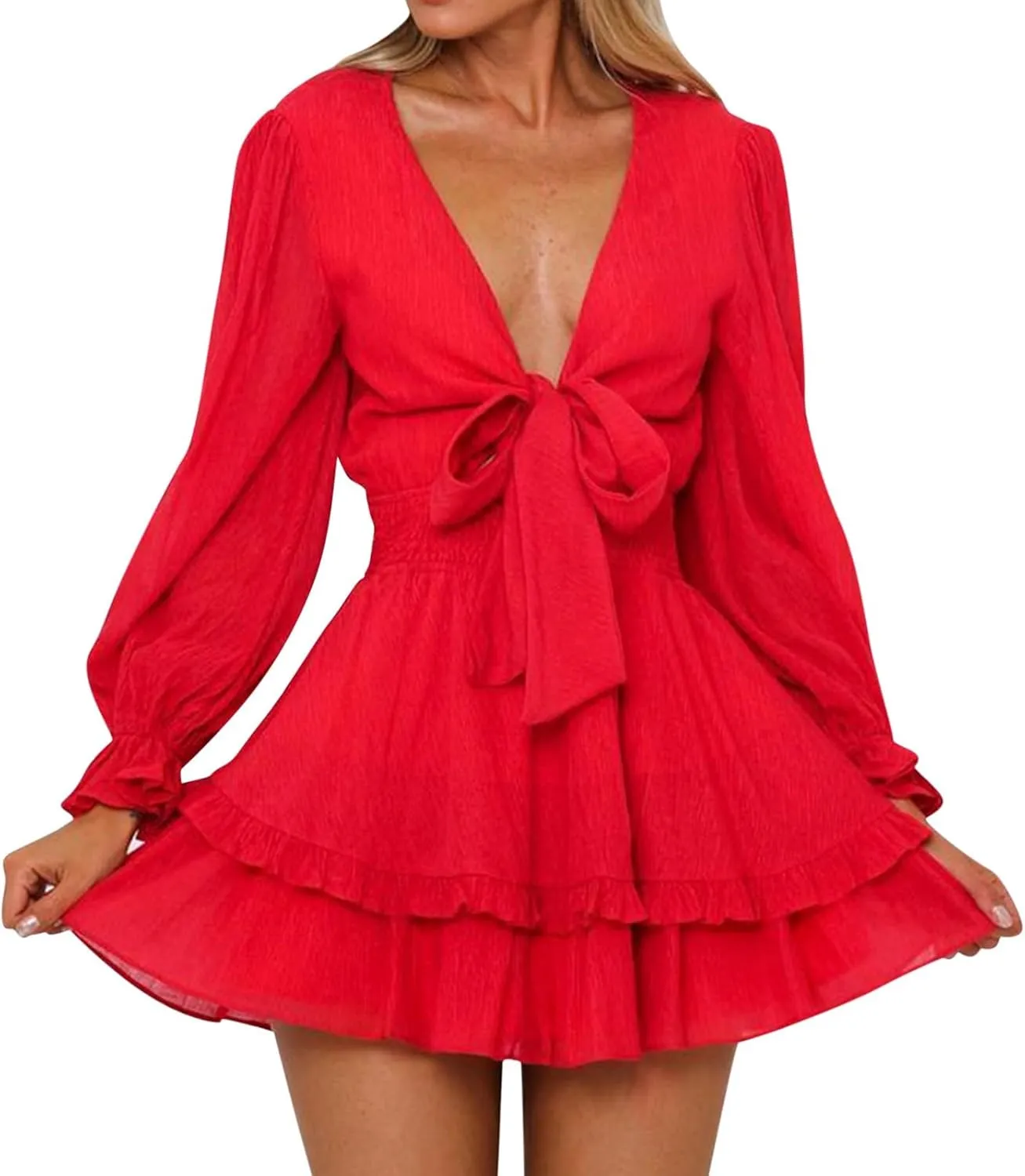 Summer Dress Womens Spring Summer Knot Front V Neck Ruffles Long Sleeve Floral Print Swing Mini Dress
